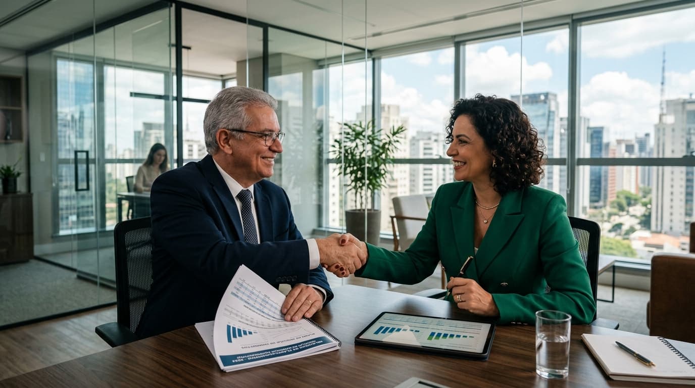 Contador sênior da ACR Contabilidade em consultoria presencial com empresário