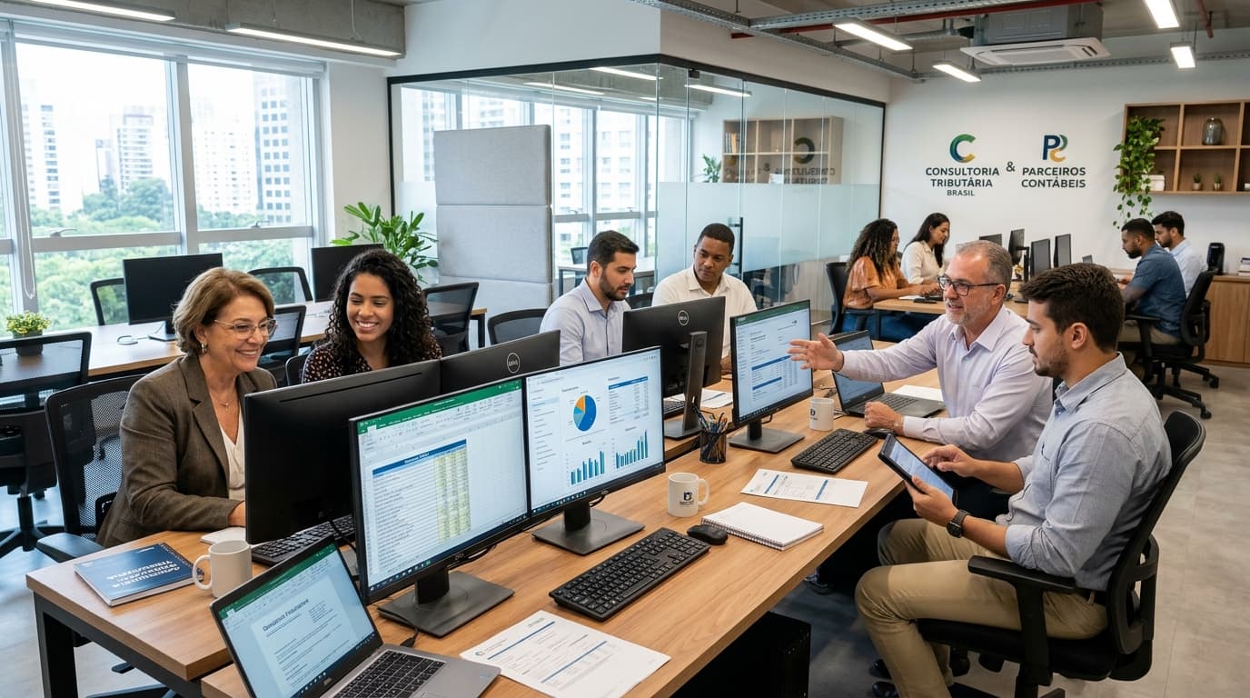 Estação de trabalho da equipe de analistas fiscais e departamento pessoal da ACR Contabilidade