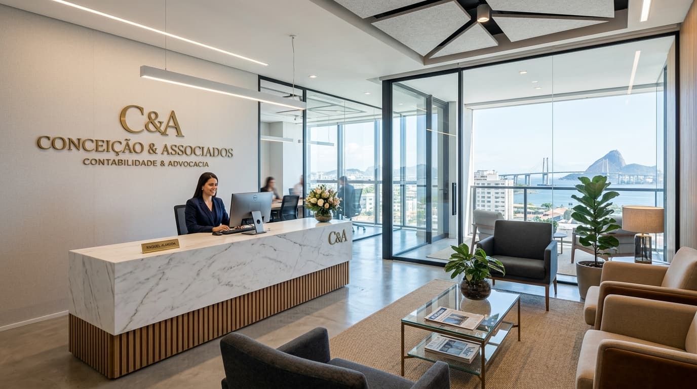 Recepção moderna e elegante do escritório ACR Contabilidade no Centro de Niterói
