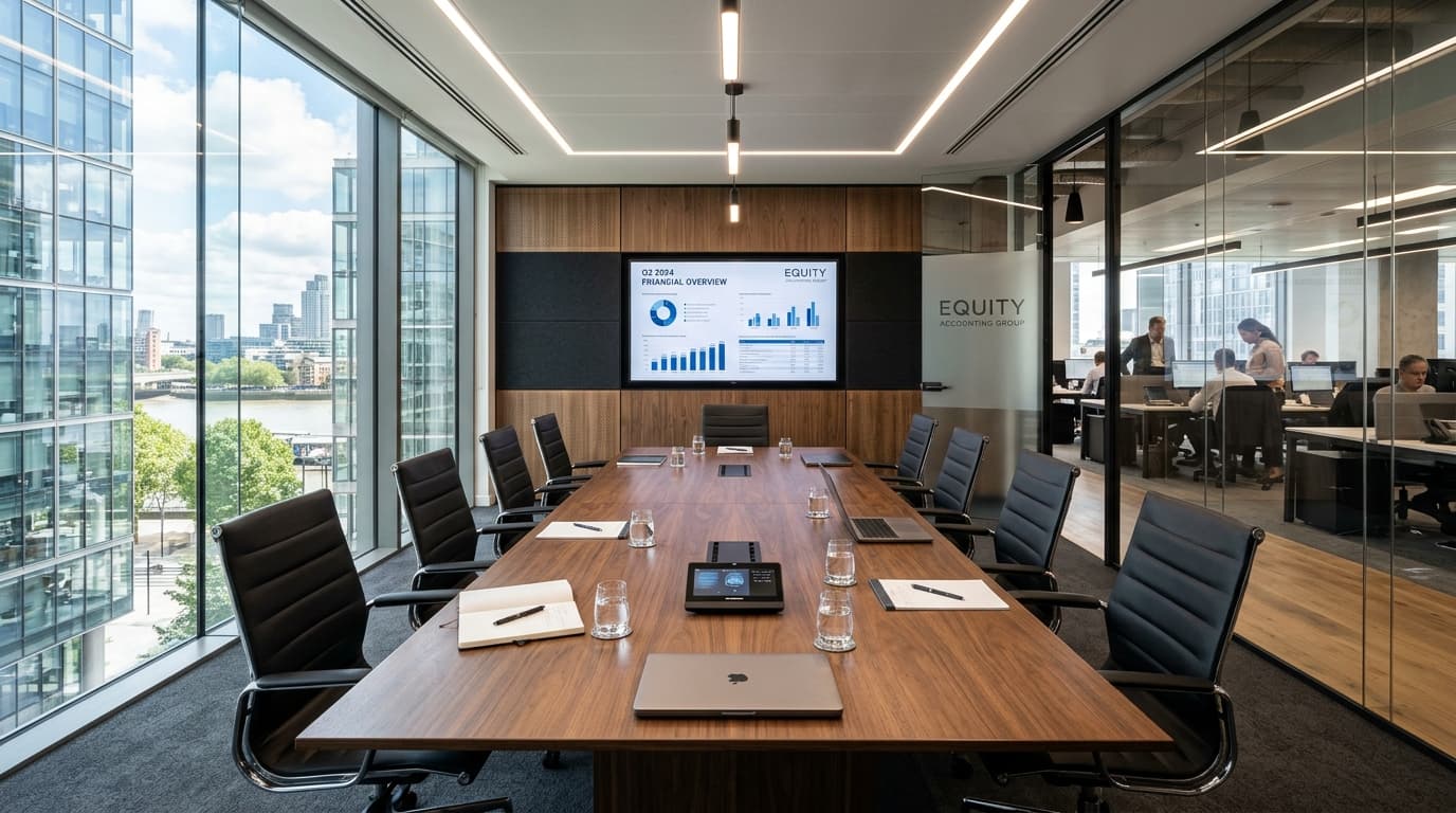 Sala de conferências executiva da ACR Contabilidade em Niterói com mesa de reuniões e monitores de projeção